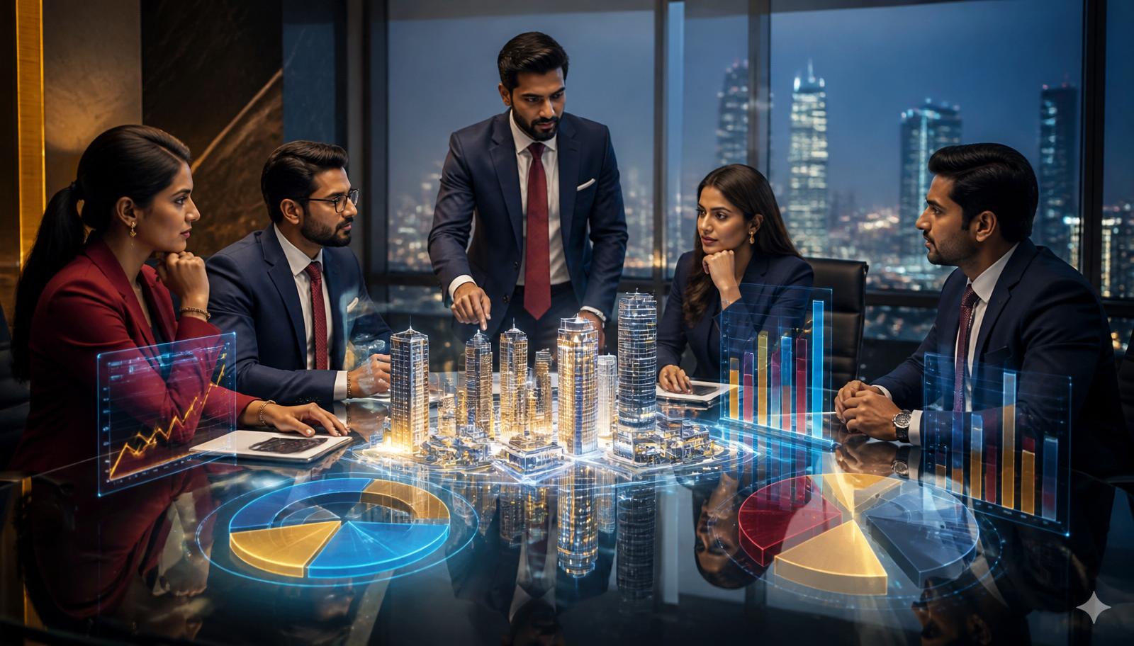 Business professionals reviewing 3D building analytics