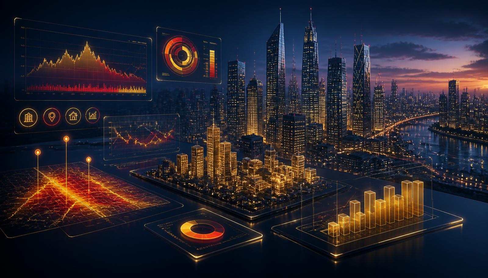 Real estate analytics dashboard over an Indian smart city skyline